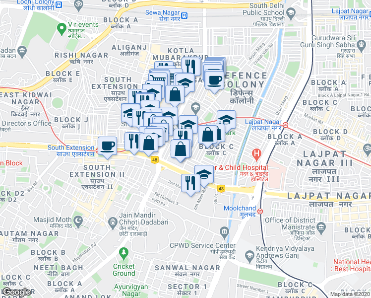 map of restaurants, bars, coffee shops, grocery stores, and more near C-512 Chhattarsal Vithi Road in New Delhi