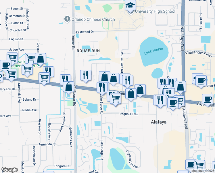 map of restaurants, bars, coffee shops, grocery stores, and more near 11229 East Colonial Drive in Orlando