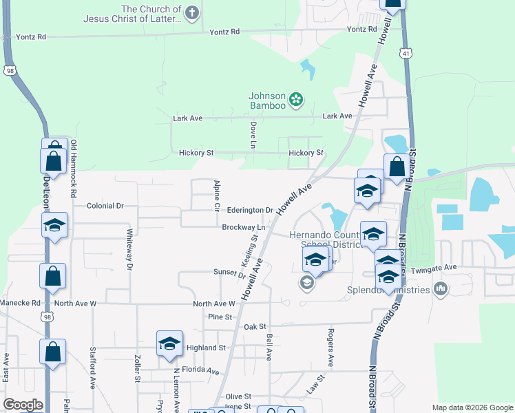 map of restaurants, bars, coffee shops, grocery stores, and more near 104 Ederington Drive in Brooksville
