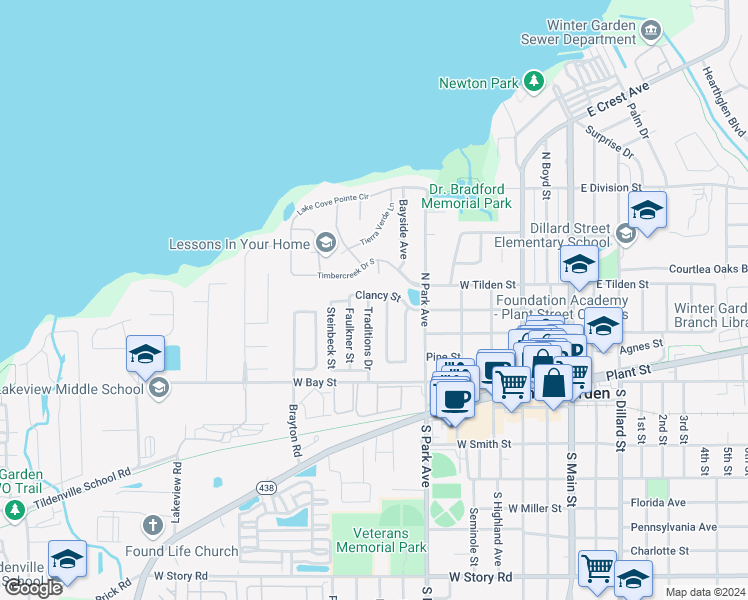 map of restaurants, bars, coffee shops, grocery stores, and more near 239 Traditions Drive in Winter Garden