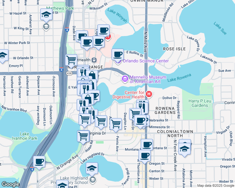 map of restaurants, bars, coffee shops, grocery stores, and more near 718 North Lake Formosa Drive in Orlando