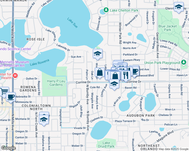 map of restaurants, bars, coffee shops, grocery stores, and more near 1850 Oak Lane in Orlando