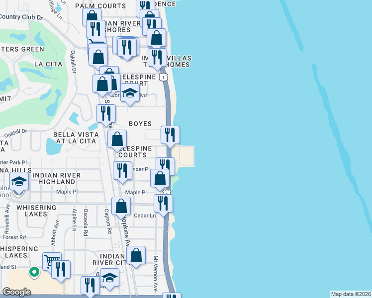 map of restaurants, bars, coffee shops, grocery stores, and more near 53 East Olmstead Drive in Titusville