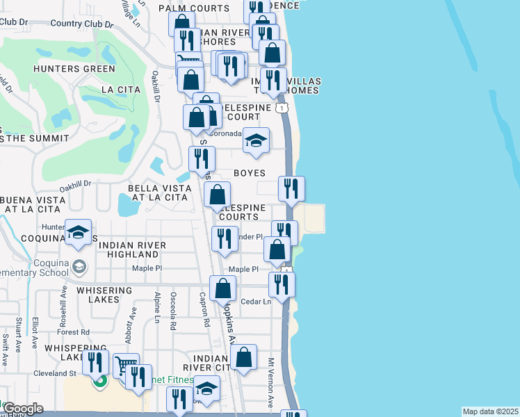 map of restaurants, bars, coffee shops, grocery stores, and more near 201 Olmstead Drive in Titusville