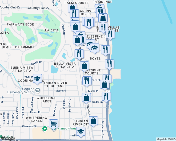 map of restaurants, bars, coffee shops, grocery stores, and more near 319 Olmstead Drive in Titusville