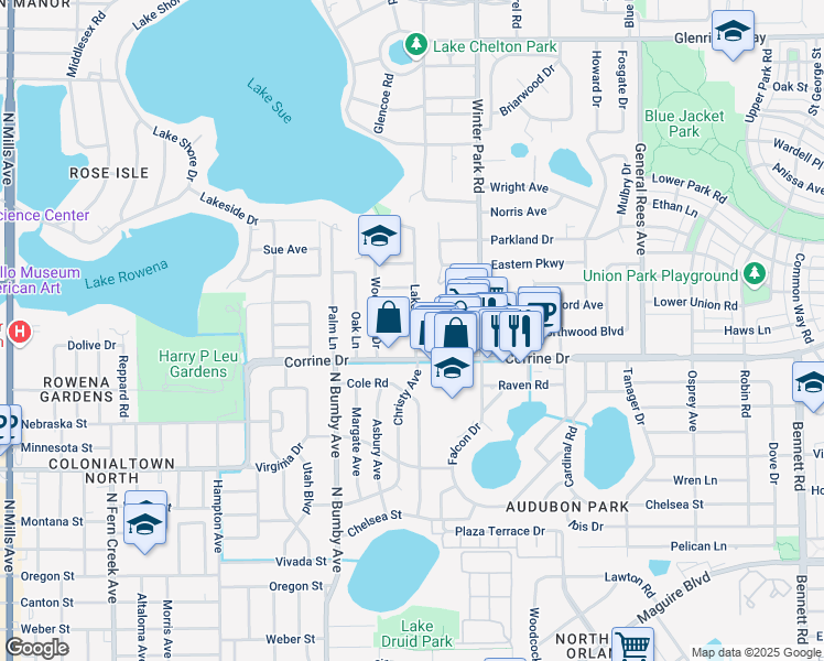 map of restaurants, bars, coffee shops, grocery stores, and more near 2507 Boyd Avenue in Orlando