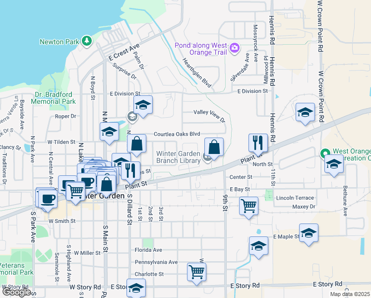 map of restaurants, bars, coffee shops, grocery stores, and more near 745 Orange Belt Loop in Winter Garden