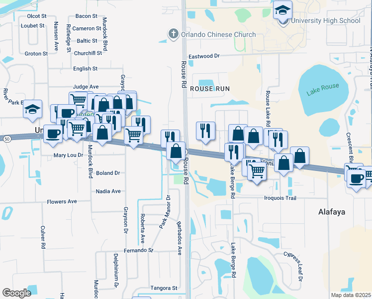 map of restaurants, bars, coffee shops, grocery stores, and more near East Colonial Drive & Rouse Road in Orlando