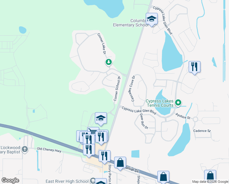 map of restaurants, bars, coffee shops, grocery stores, and more near 1966 Corner School Drive in Orlando