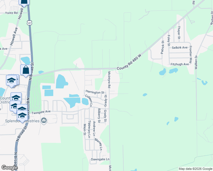 map of restaurants, bars, coffee shops, grocery stores, and more near 9451 McIntyre Road in Brooksville