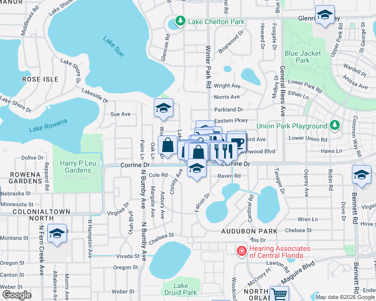 map of restaurants, bars, coffee shops, grocery stores, and more near 1814 Janice Avenue in Orlando