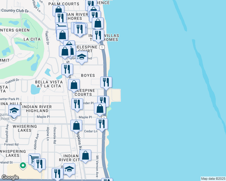map of restaurants, bars, coffee shops, grocery stores, and more near 53 East Olmstead Drive in Titusville