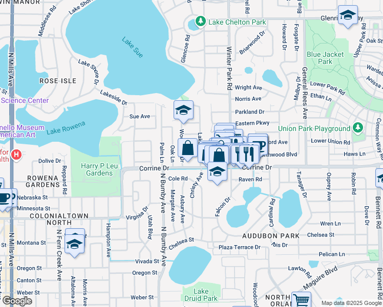 map of restaurants, bars, coffee shops, grocery stores, and more near 2507 Boyd Ave in Orlando