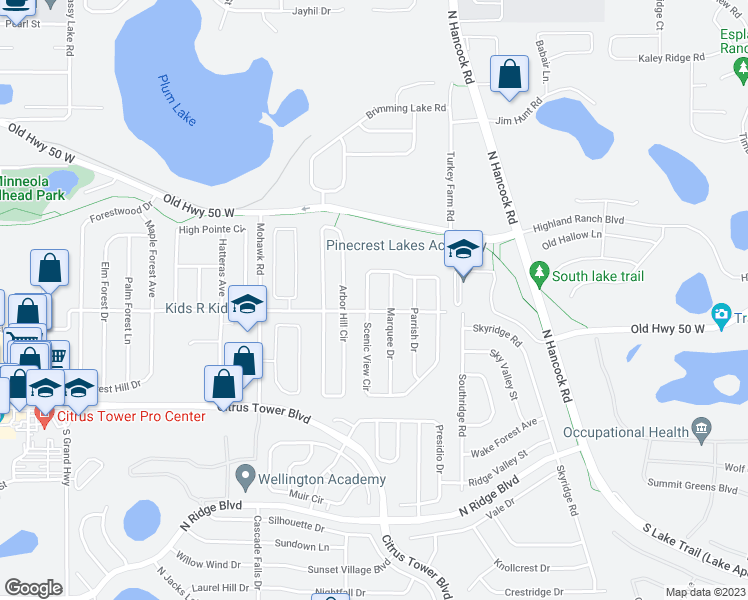 map of restaurants, bars, coffee shops, grocery stores, and more near 808 Scenic View Circle in Minneola