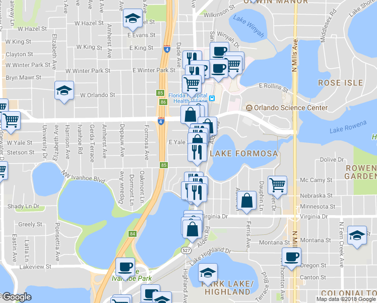 map of restaurants, bars, coffee shops, grocery stores, and more near 315 East Vanderbilt Street in Orlando