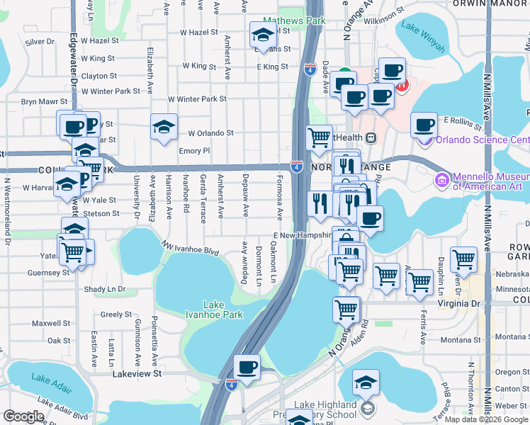 map of restaurants, bars, coffee shops, grocery stores, and more near 27 East Vanderbilt Street in Orlando