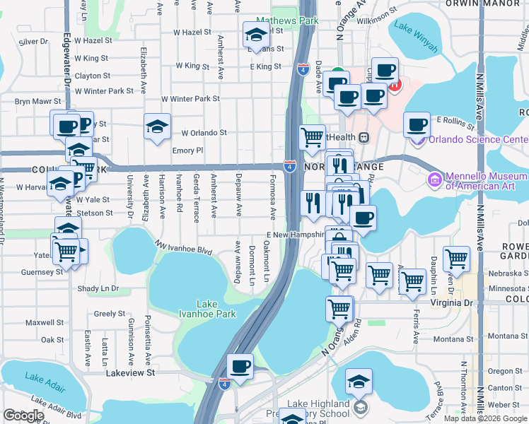 map of restaurants, bars, coffee shops, grocery stores, and more near 27 East Vanderbilt Street in Orlando