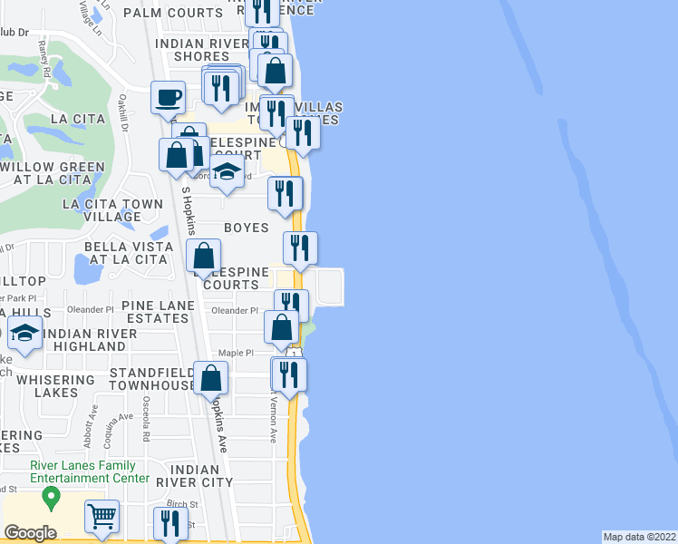 map of restaurants, bars, coffee shops, grocery stores, and more near 50 East Olmstead Drive in Titusville