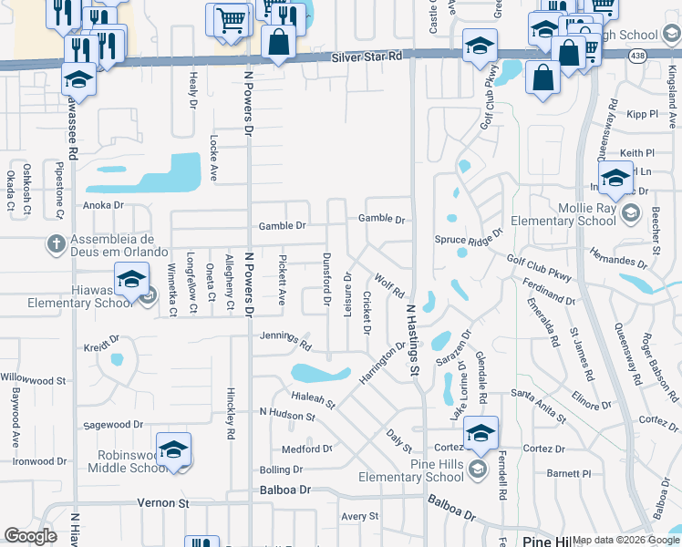 map of restaurants, bars, coffee shops, grocery stores, and more near 2028 Leisure Drive in Orlando