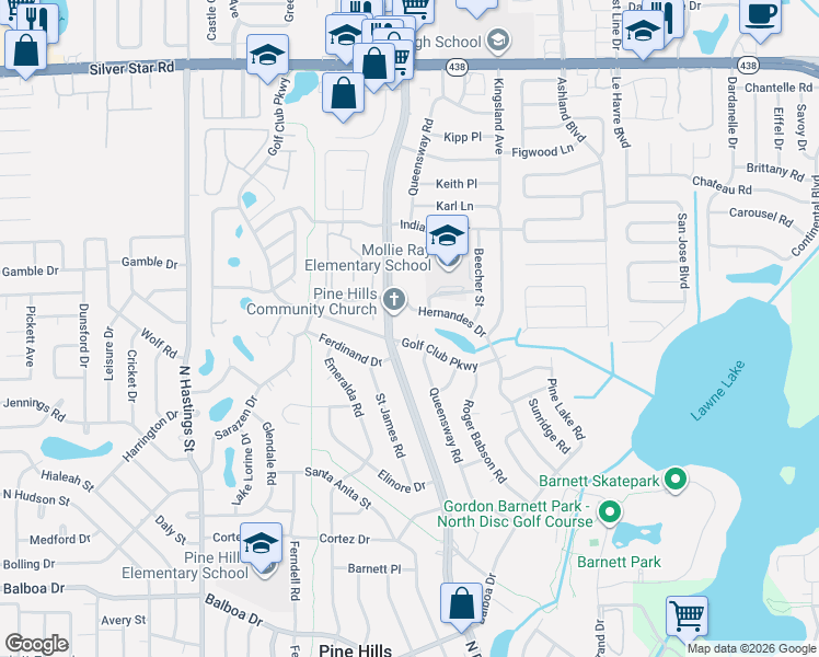 map of restaurants, bars, coffee shops, grocery stores, and more near 5119 Divot Court in Orlando