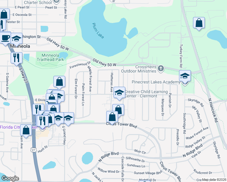 map of restaurants, bars, coffee shops, grocery stores, and more near 922 Hatteras Avenue in Minneola