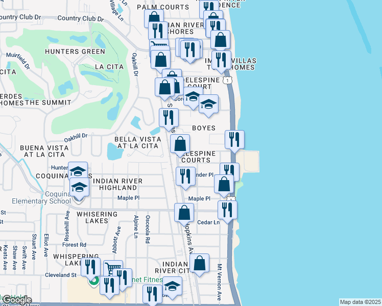 map of restaurants, bars, coffee shops, grocery stores, and more near 319 Olmstead Drive in Titusville