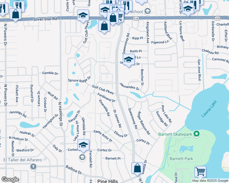 map of restaurants, bars, coffee shops, grocery stores, and more near 1300 North Pine Hills Road in Orlando