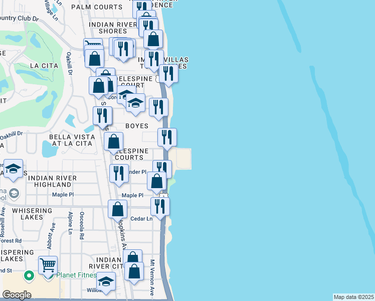 map of restaurants, bars, coffee shops, grocery stores, and more near 50 East Olmstead Drive in Titusville