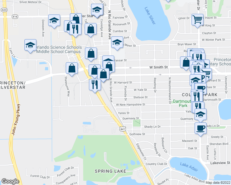 map of restaurants, bars, coffee shops, grocery stores, and more near 1416 West Yale Street in Orlando