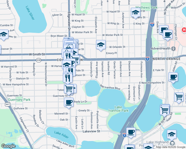 map of restaurants, bars, coffee shops, grocery stores, and more near 1901 University Drive in Orlando