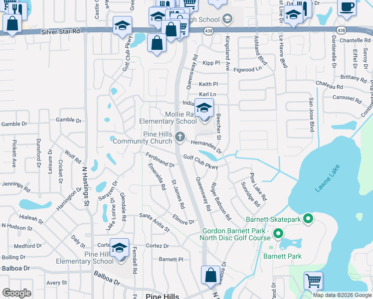 map of restaurants, bars, coffee shops, grocery stores, and more near 5119 Divot Court in Orlando
