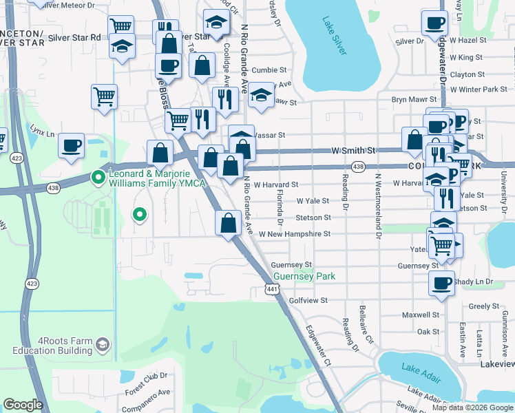 map of restaurants, bars, coffee shops, grocery stores, and more near 1416 West Yale Street in Orlando