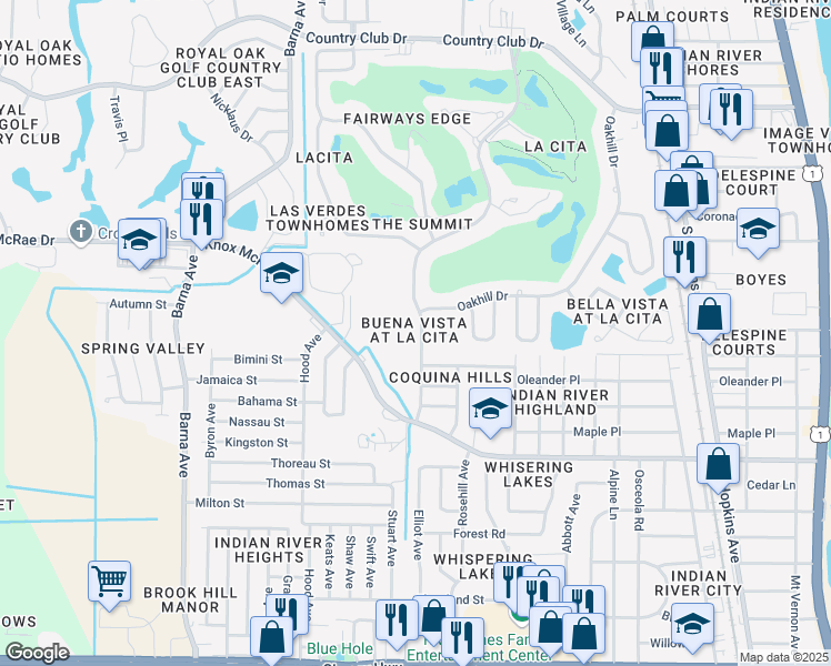 map of restaurants, bars, coffee shops, grocery stores, and more near 3910 Raney Road in Titusville