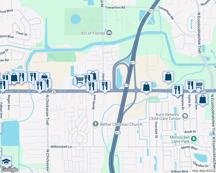 map of restaurants, bars, coffee shops, grocery stores, and more near 8701 East Colonial Drive in Orlando