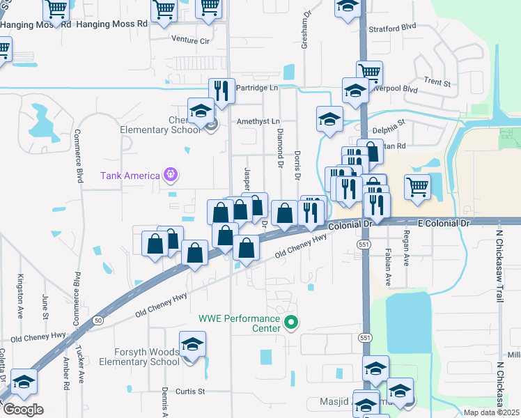map of restaurants, bars, coffee shops, grocery stores, and more near 1702 Marcia Drive in Orlando