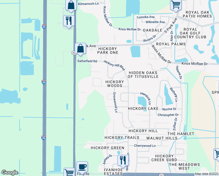 map of restaurants, bars, coffee shops, grocery stores, and more near 3015 Sandalwood Lane in Titusville