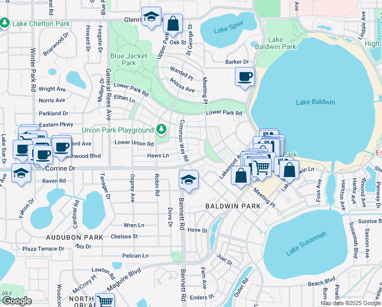 map of restaurants, bars, coffee shops, grocery stores, and more near 4250 Haws Court in Orlando