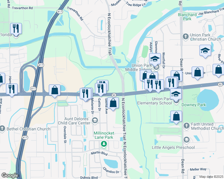 map of restaurants, bars, coffee shops, grocery stores, and more near 9505 East Colonial Drive in Orlando