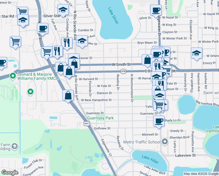 map of restaurants, bars, coffee shops, grocery stores, and more near 1226 West Yale Street in Orlando