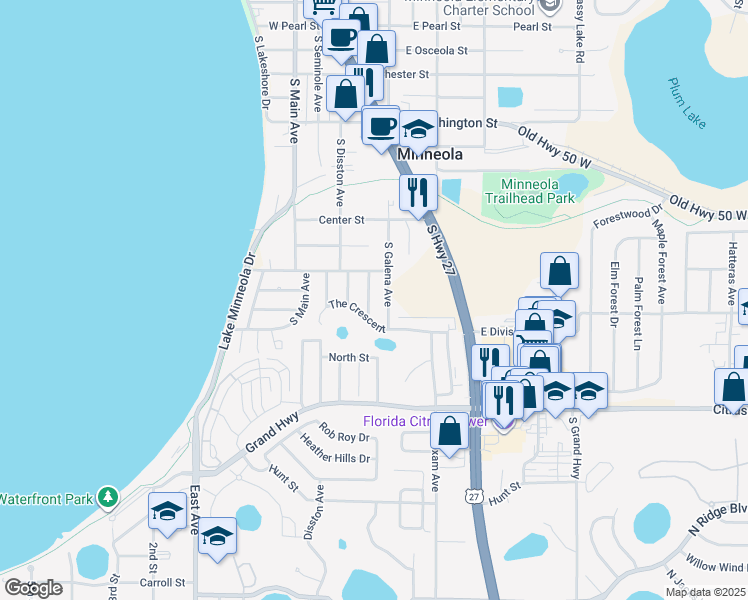 map of restaurants, bars, coffee shops, grocery stores, and more near 110 Lillian Street in Minneola