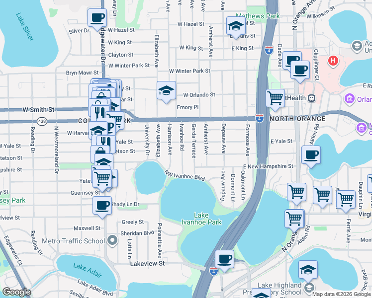 map of restaurants, bars, coffee shops, grocery stores, and more near 1911 Ivanhoe Road in Orlando