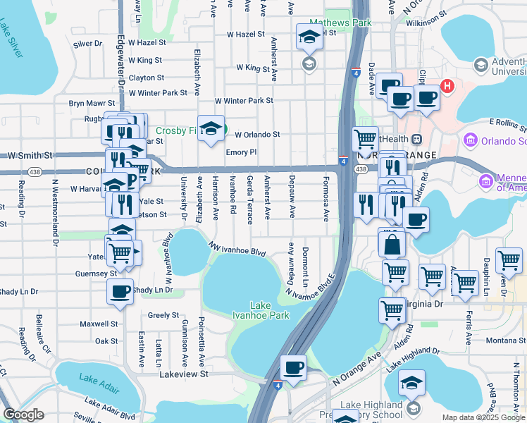 map of restaurants, bars, coffee shops, grocery stores, and more near 1910 Amherst Avenue in Orlando