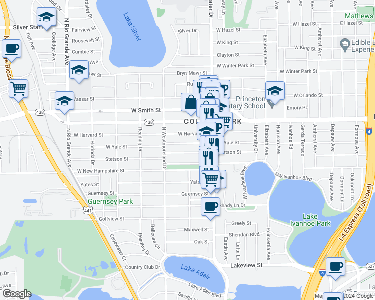map of restaurants, bars, coffee shops, grocery stores, and more near 821 Stetson Street in Orlando