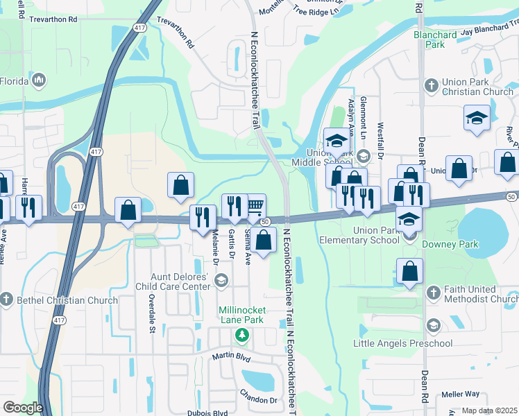 map of restaurants, bars, coffee shops, grocery stores, and more near 9505 East Colonial Drive in Orlando