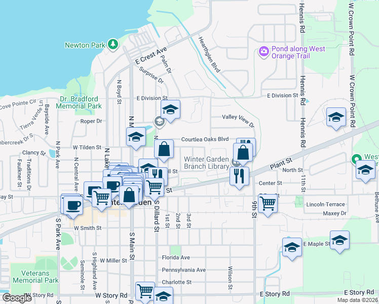map of restaurants, bars, coffee shops, grocery stores, and more near 278 Gary Drive in Winter Garden