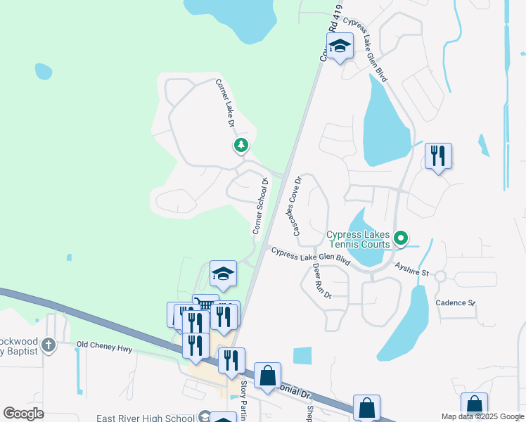 map of restaurants, bars, coffee shops, grocery stores, and more near 1973 Corner School Drive in Orlando