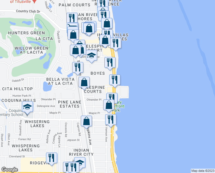map of restaurants, bars, coffee shops, grocery stores, and more near 191 Olmstead Drive in Titusville