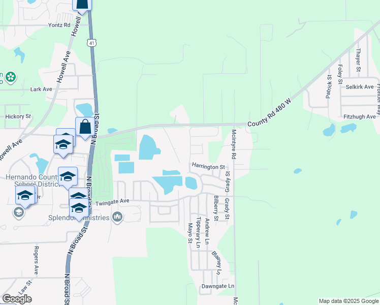 map of restaurants, bars, coffee shops, grocery stores, and more near 5413 Woodford Street in Brooksville