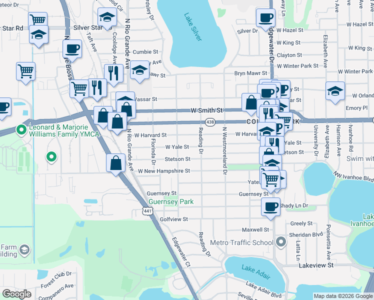 map of restaurants, bars, coffee shops, grocery stores, and more near 1226 West Yale Street in Orlando