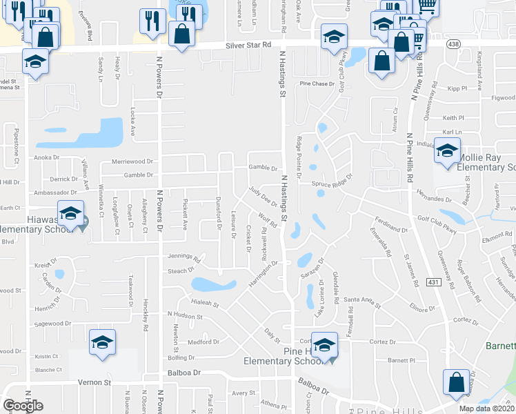 map of restaurants, bars, coffee shops, grocery stores, and more near 5917 Wolf Road in Orlando